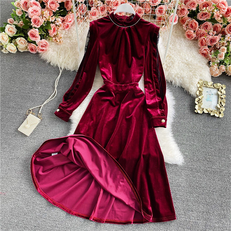 Stand neck off shoulder velvet A-line dress  3034