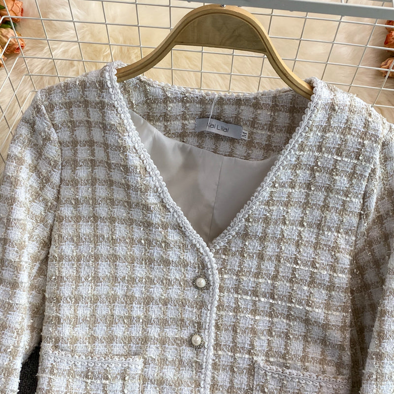Vintage small fragrance woven tweed V-neck coat  1664