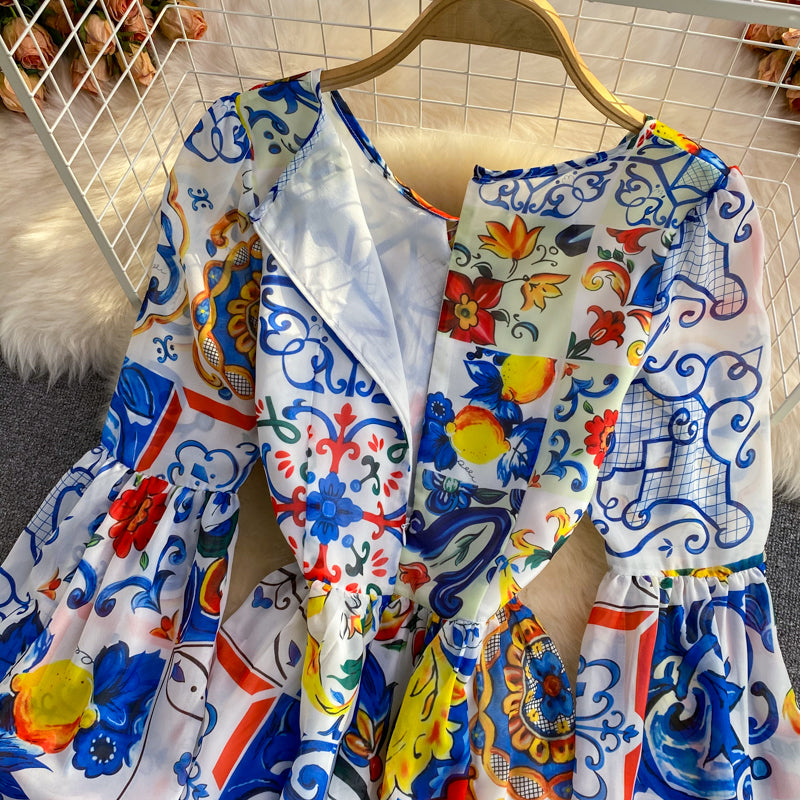 Blue and white porcelain printing gentle dress  3251