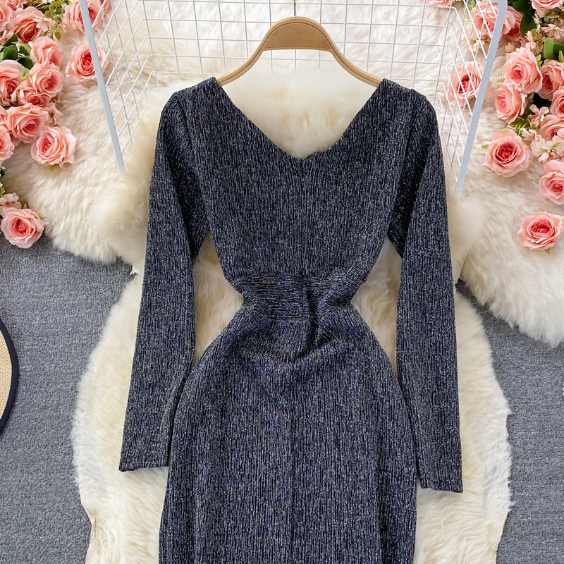 Sexy high elastic V-neck bright silk split buttock fishtail dress  2915