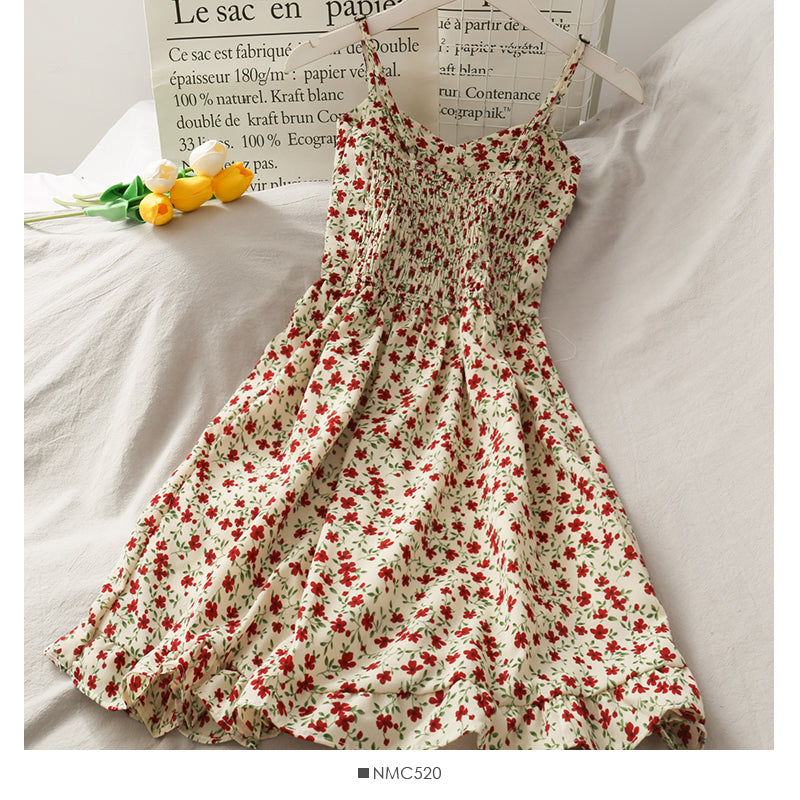 Jupe à bretelles taille haute à motif floral rétro de style Hong Kong 2678