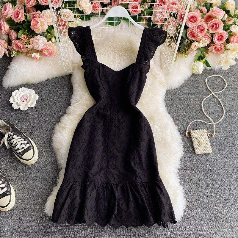 Lace hollow bubble sleeve temperament flounce suspender dress  2765
