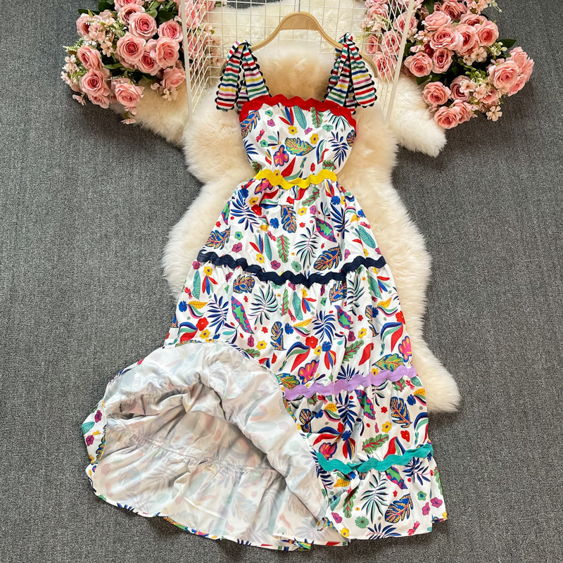Waist slim temperament suspender large swing Printed Dress  3321