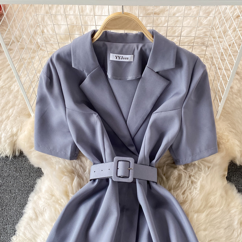 Slim waist, solid color short sleeve suit dress  3197