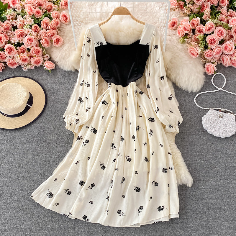 Gentle wind velvet stitched square neck dress  3253