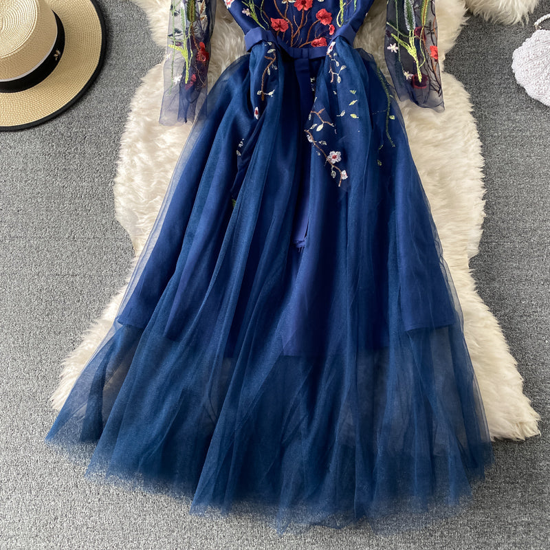 Mesh lace up banquet embroidery slim medium length dress  3162