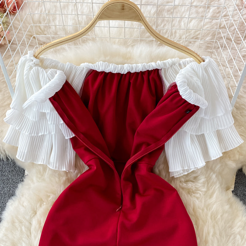 Straight neck off shoulder temperament Hepburn wrap hip short skirt  3209