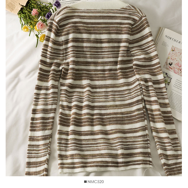 Han Fan retro stripe medium long tight long sleeve T-shirt  2068