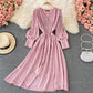 Single breasted waistband slim bubble sleeve dress long skirt  3334