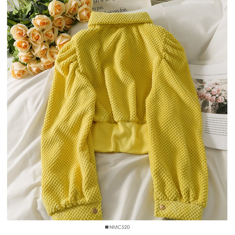 Korean short single breasted cardigan Lapel slim fit versatile long sleeved top fashion  2107