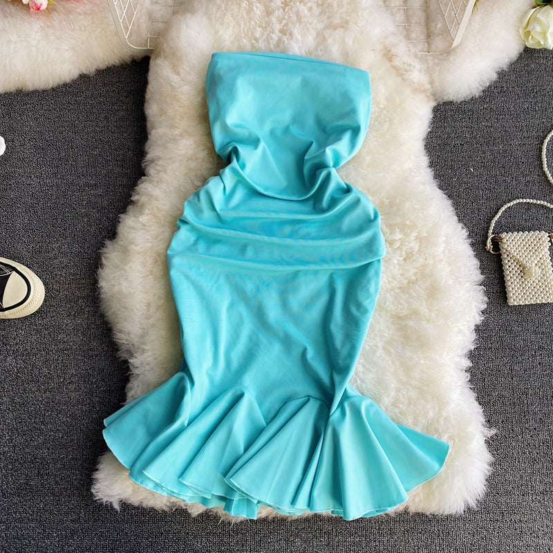 Light mature style sexy one shoulder strapless dress  3035