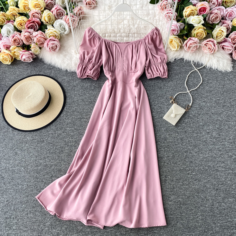 French retro square neck bubble Short Sleeve Dress  2877