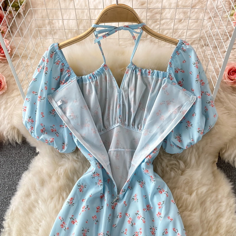 Slim waist with broken flower hanging neck square neck dress  3216