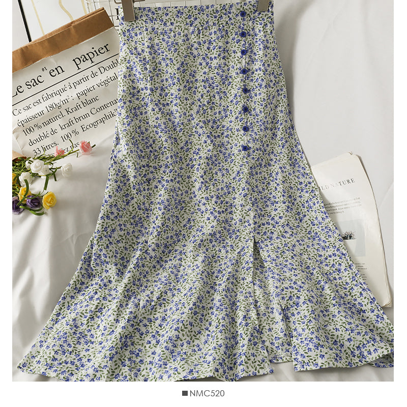 Mittellanger Retro-Rock mit hoher Taille und schmaler Brust und Blumenmuster 2575