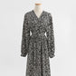 Floral dress retro slim long sleeve temperament black chiffon skirt long  2320