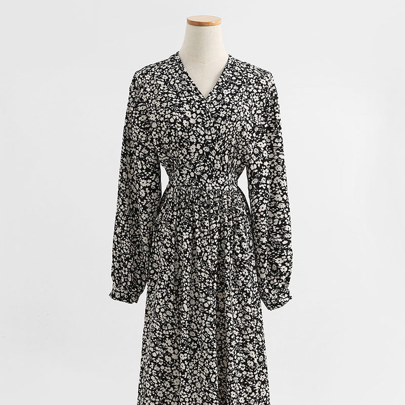 Floral dress retro slim long sleeve temperament black chiffon skirt long  2320