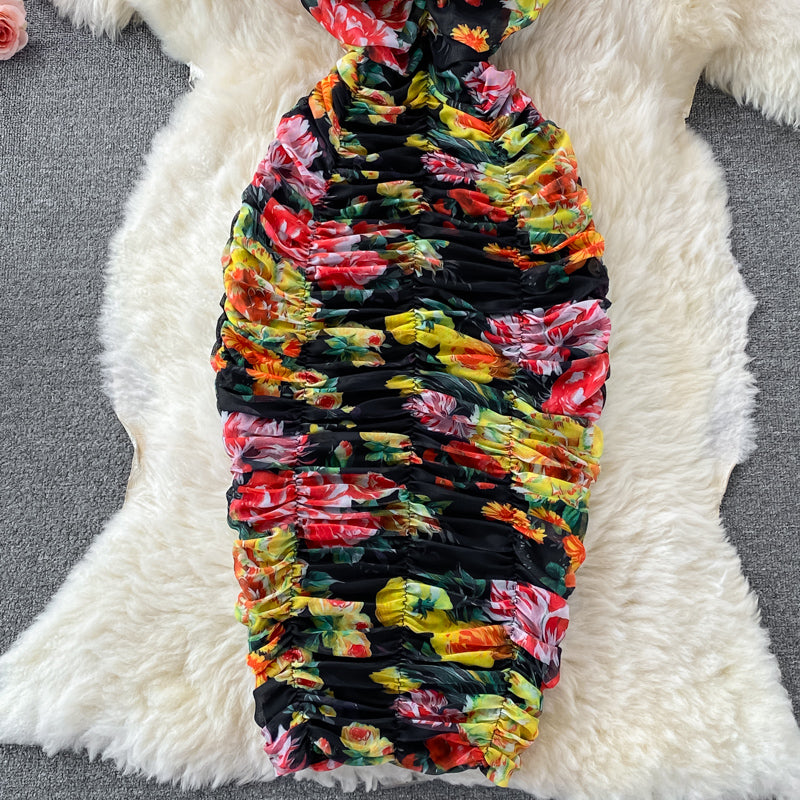 Suspender dress elastic slim mesh printed strapless and buttocks  2821