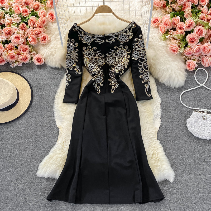 Sequin embroidered Hepburn slim fit Hip Wrap long skirt  3252