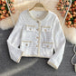 Temperament small fragrance bright silk woven single breasted long sleeved coat  1634