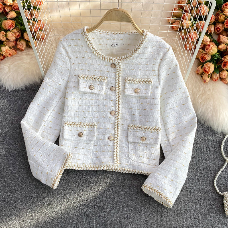 Temperament small fragrance bright silk woven single breasted long sleeved coat  1634