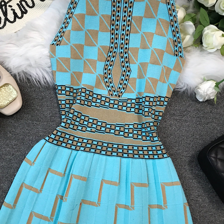 Geometric lattice Halter sleeveless vest suspender knitted dress  2795