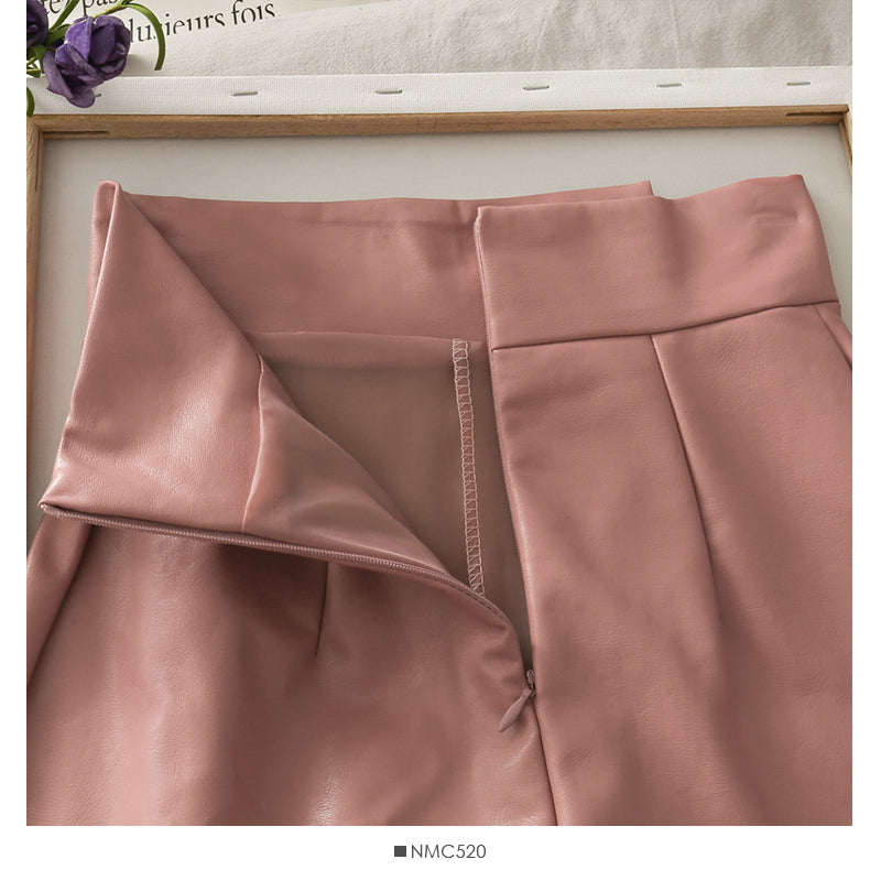 Retro and versatile irregular solid color high waist thin leather skirt  2660