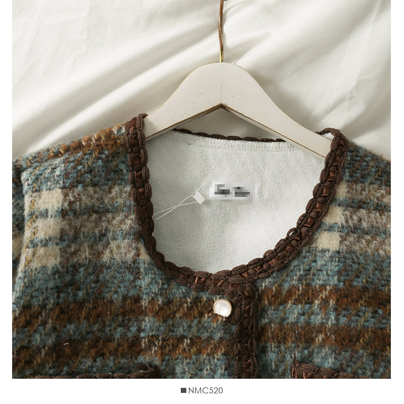 Veste en laine à simple boutonnage pour femme style Hong Kong Vintage Plaid 2124