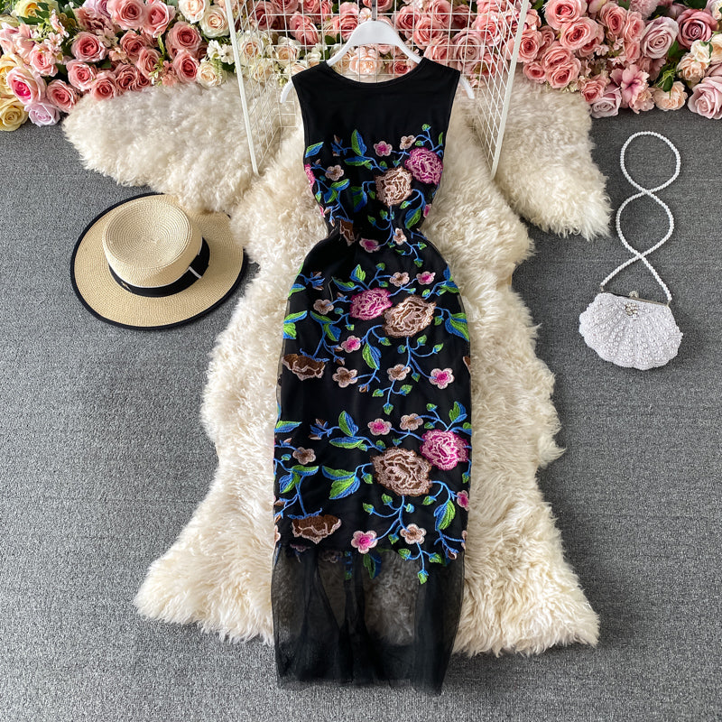 Round neck sleeveless mesh embroidered slim long skirt  2945