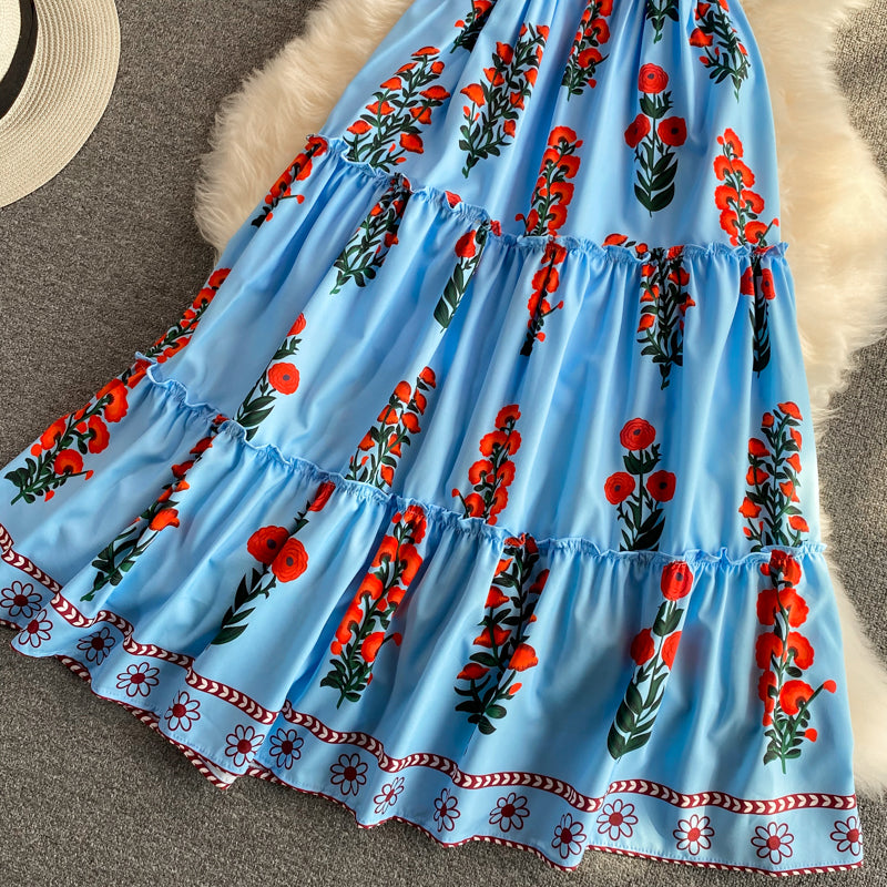 Korean foam sleeve knee length aging square neck dress  3325