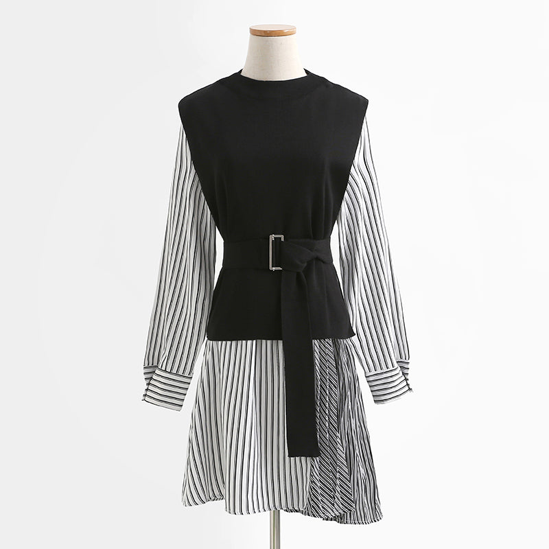 Temperament striped shirt knitted vest two-piece suit dress  2278