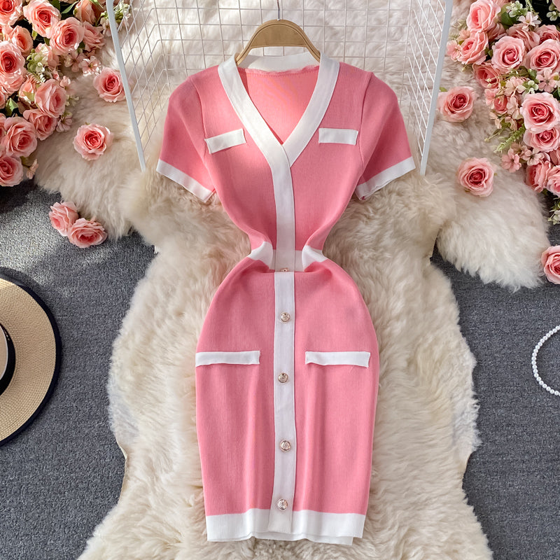 Small fragrance V-neck knitted dress shows thin Hip Wrap bottom skirt  2909
