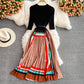 Stand neck knit patchwork contrast Pleated Dress  3355