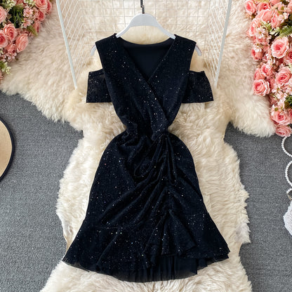 Sexy cross V-neck Sequin elastic Ruffle Dress  3318