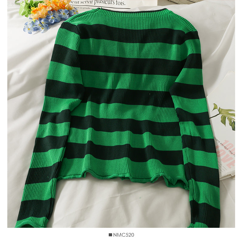 Striped single breasted cardigan long sleeved sweater for women  2061