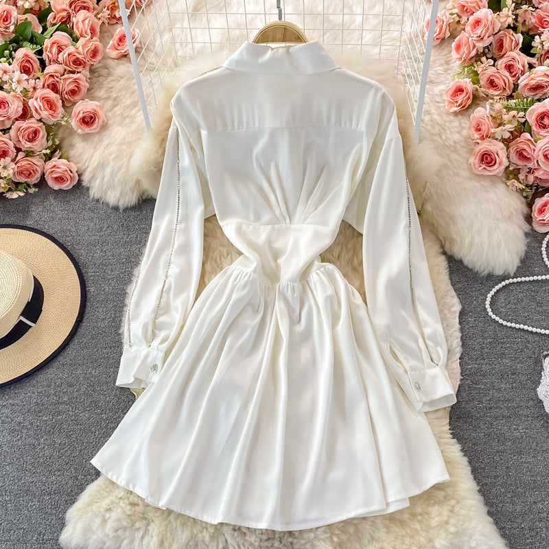 Slim long sleeve A-line shirt skirt waist puffy dress  3356