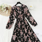 New French retro loose early autumn Chiffon large flower skirt long  2170