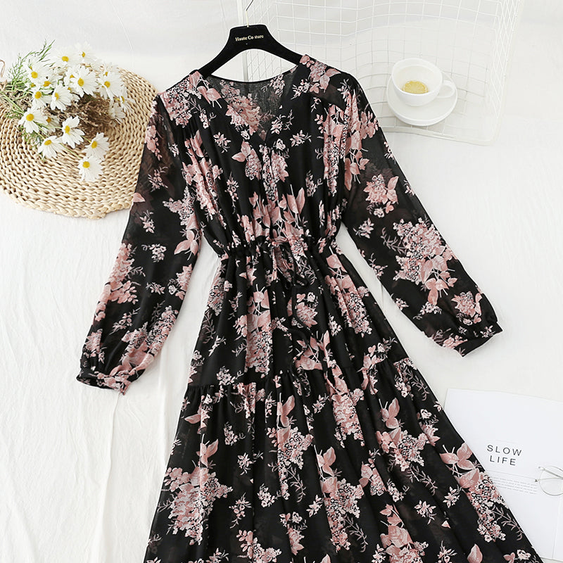 New French retro loose early autumn Chiffon large flower skirt long  2170