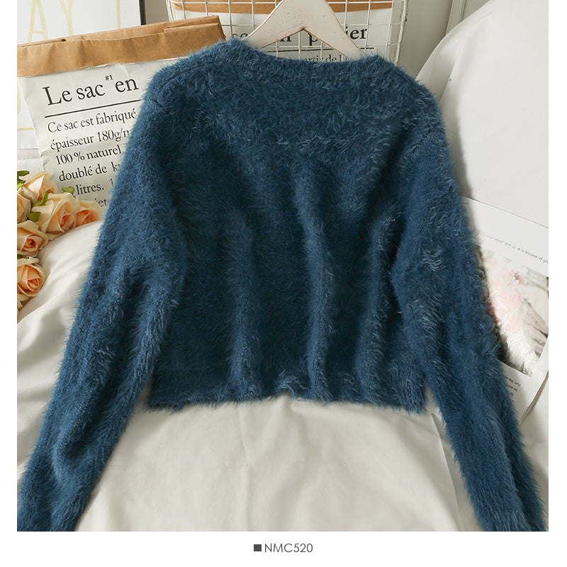 Sweater crew neck single breasted long sleeved top Plush crew neck sweater  1965