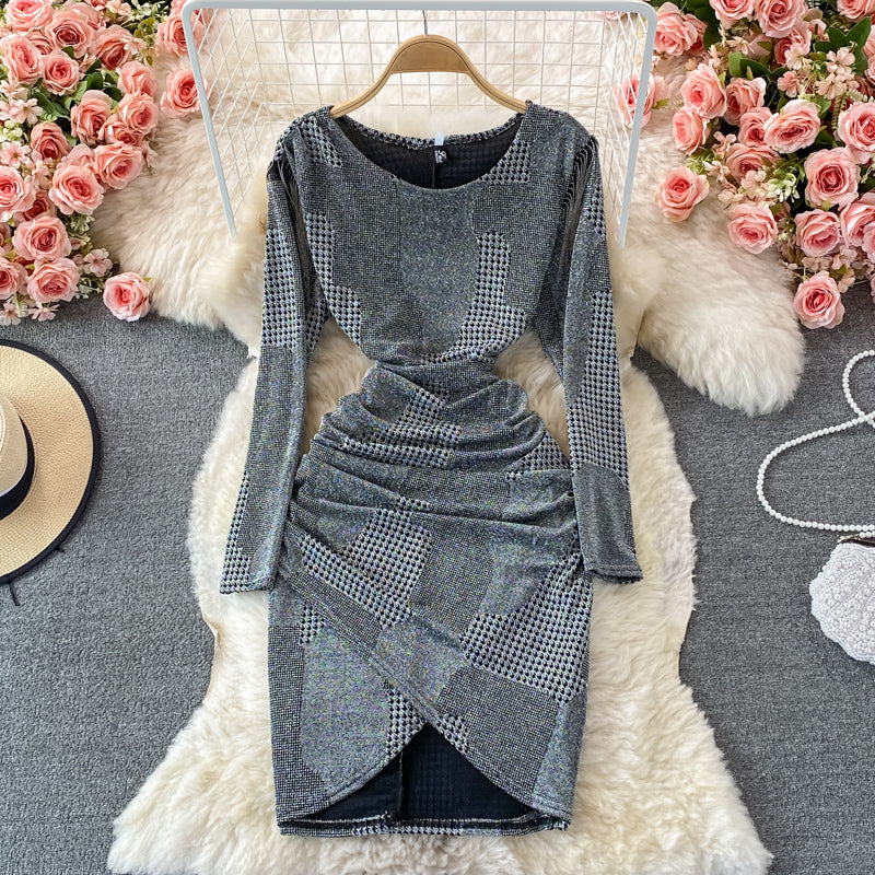 Tassel stitched bright silk irregular fold wrap hip round neck dress  3093