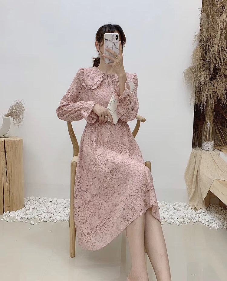 New Lapel lace long sleeve high waist slim gentle long skirt  2390