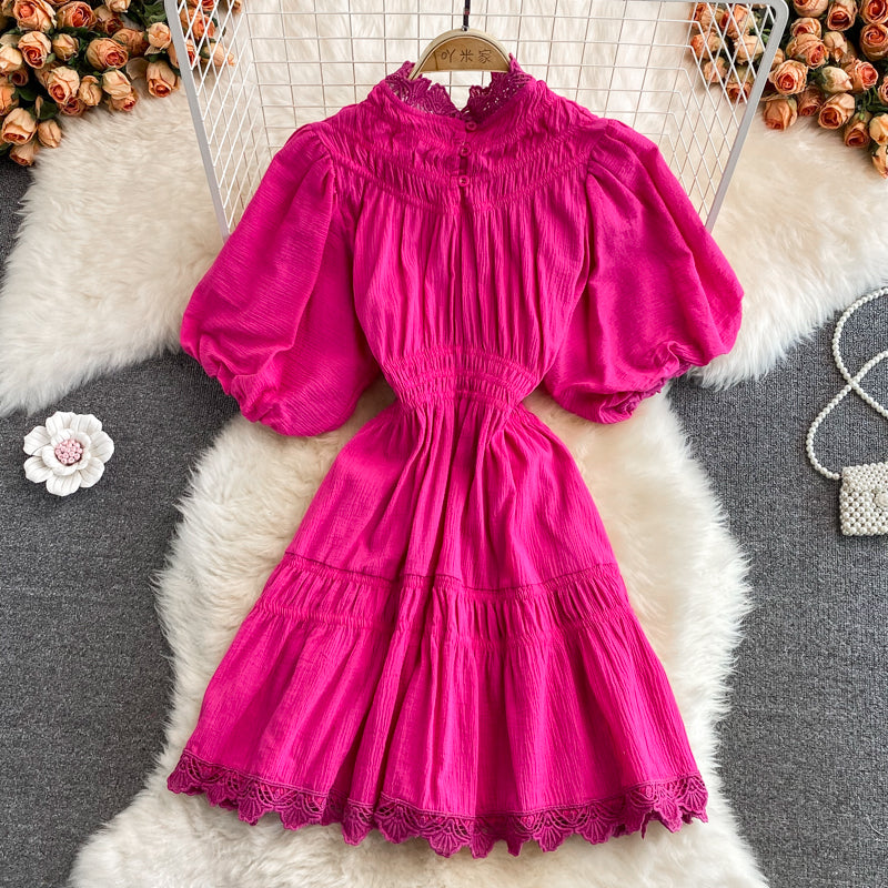 French court lantern sleeve design lace stitching stand collar dress  3377