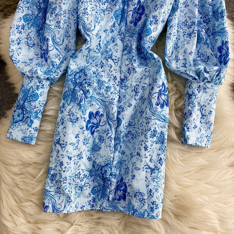 Blue and white porcelain printed square neck sexy Lantern Sleeve Dress  2813