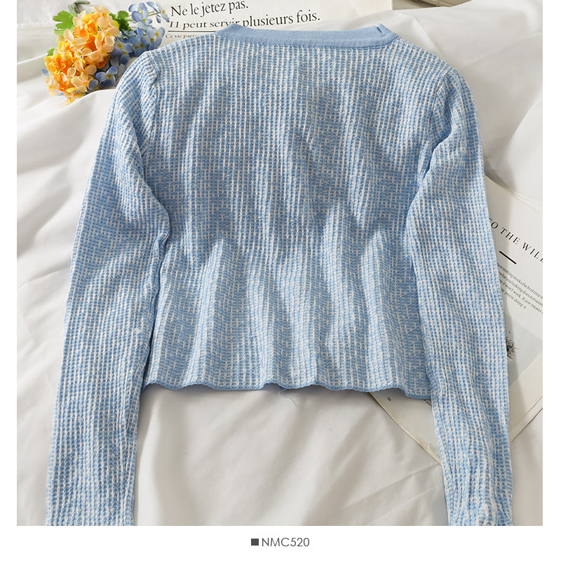 Korean Vintage round neck pearl single breasted plaid sweater  2030