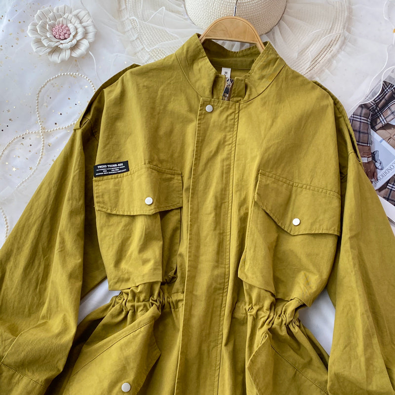 Small windbreaker women's drawstring waist long work clothes casual coat  1684