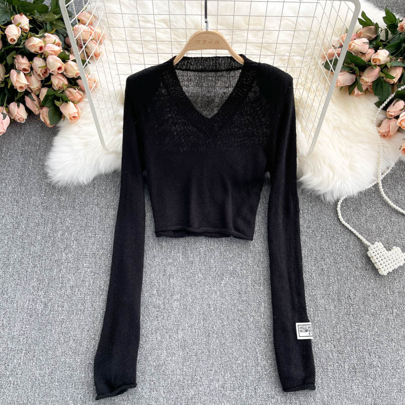 Solid V-neck slim high waist sweater female  1609