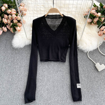 Solid V-neck slim high waist sweater female  1609