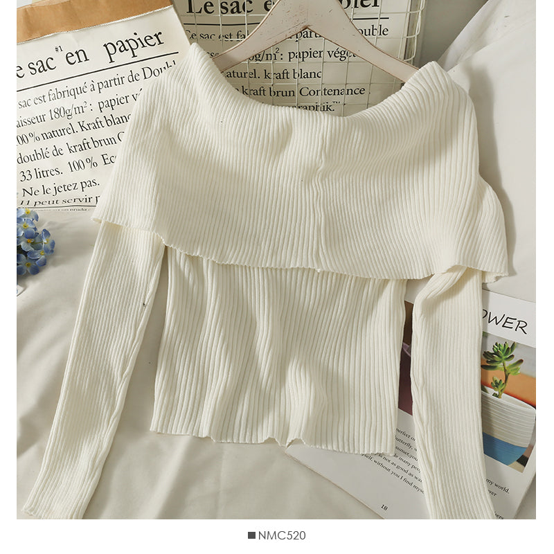 French minority design, one line shoulder with clavicle exposed, short long sleeve T-shirt  2083