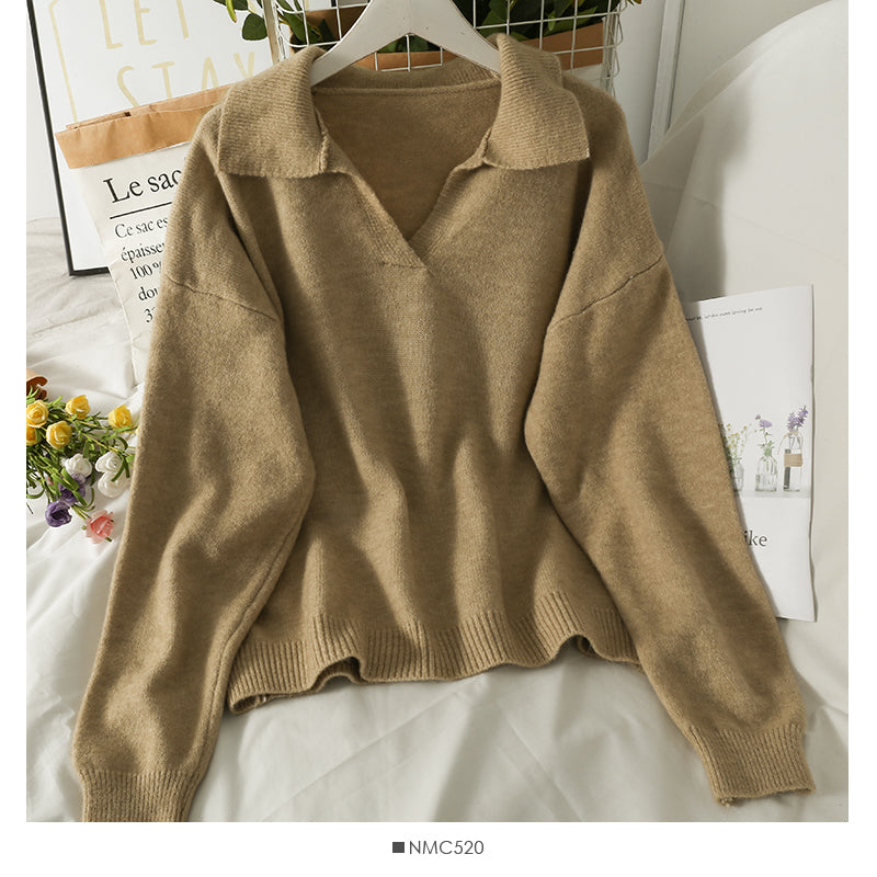 Neuer Vintage Revers lockerer dünner Pullover Pullover für Frauen 1805