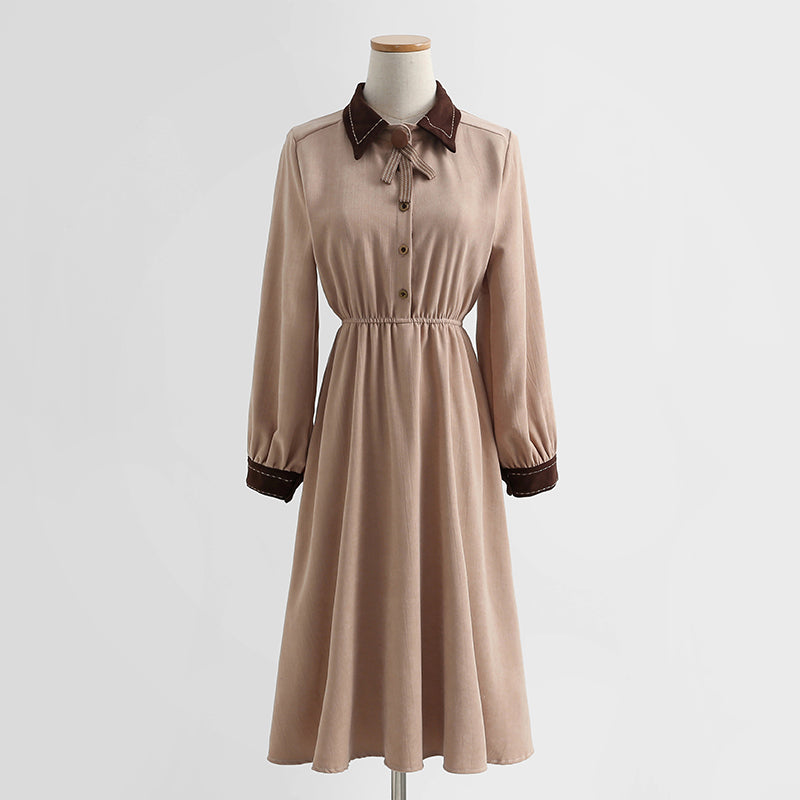 Long sleeved dress, academic style, thin temperament, knee length skirt, French long skirt, female  2159