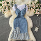 Irregular ruffled fishtail strap skirt denim dress two piece set  3064